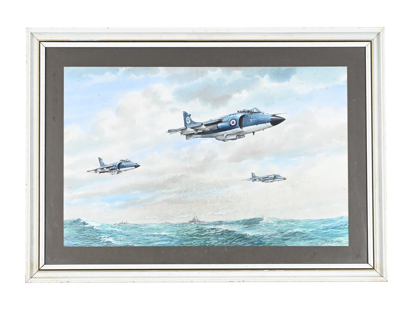 λ JOHN HOWELL (BRITISH B. 1936), ROYAL NAVY IN FLIGHT WITH H.M.S INVINCIBLE ON THE HORIZON - Image 3 of 3