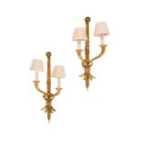 A PAIR OF FRENCH GILT METAL TWO BRANCH WALL LIGHTS, 20TH CENTURY