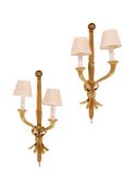 A PAIR OF FRENCH GILT METAL TWO BRANCH WALL LIGHTS, 20TH CENTURY