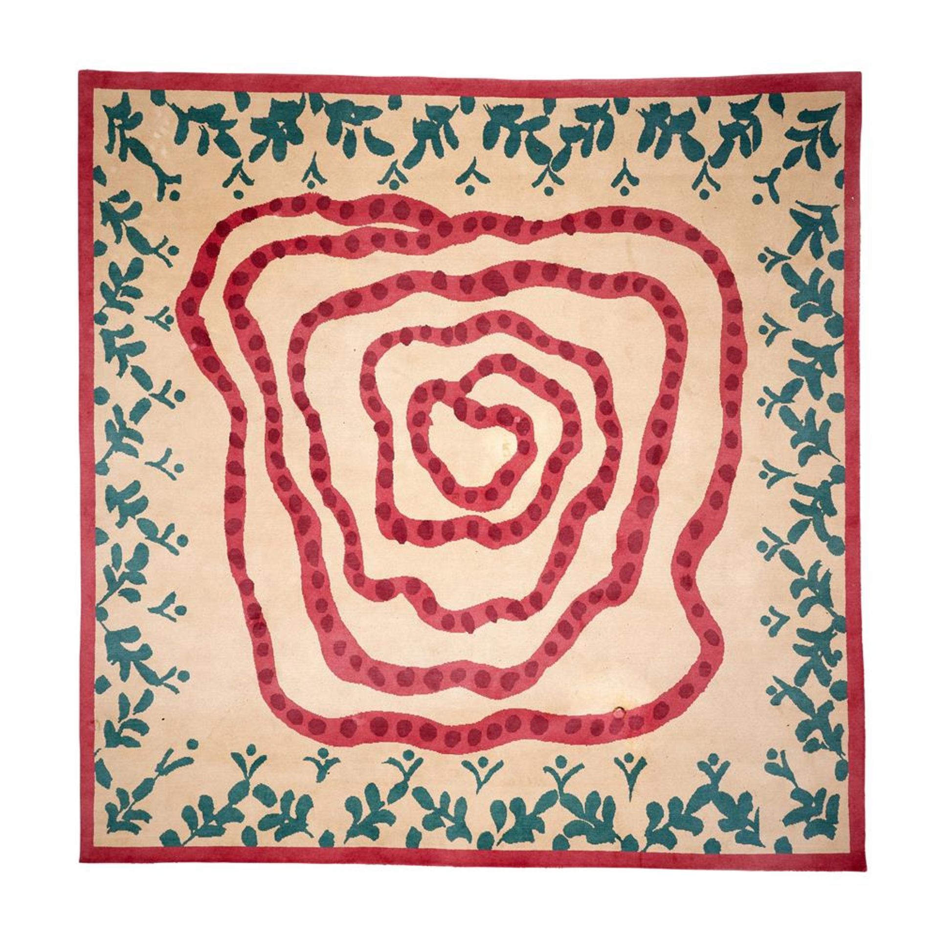 A CREAM, RED AND GREEN FLORAL CARPET DESIGNED BY HUGH HENRY FOR DAVID MLINARIC