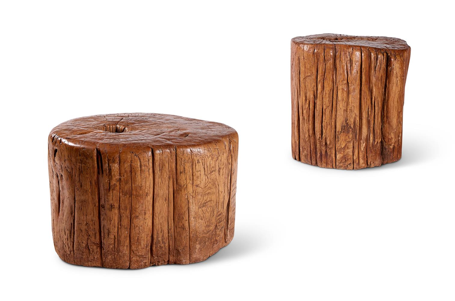 A PAIR OF WEATHERED 'TREE TRUNK' CROSS SECTION OCCASIONAL TABLES