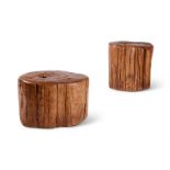 A PAIR OF WEATHERED 'TREE TRUNK' CROSS SECTION OCCASIONAL TABLES