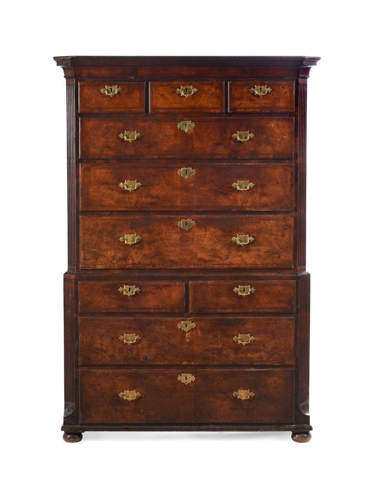 A GEORGE II WALNUT AND FEATHERBANDED CHEST ON CHEST, CIRCA 1740