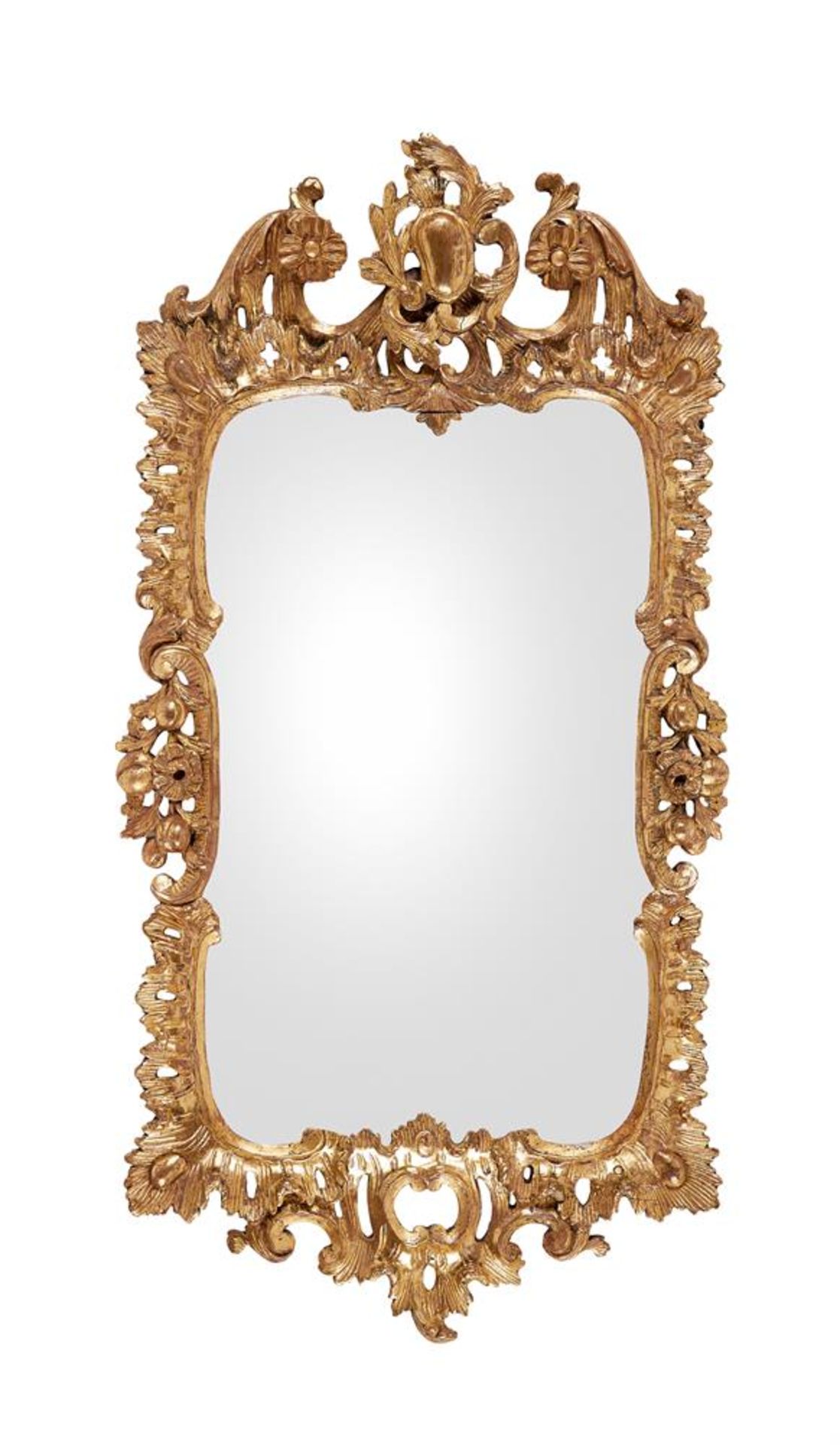 A CONTINENTAL ROCCOCO GILTWOOD MIRROR, MID 18TH CENTURY