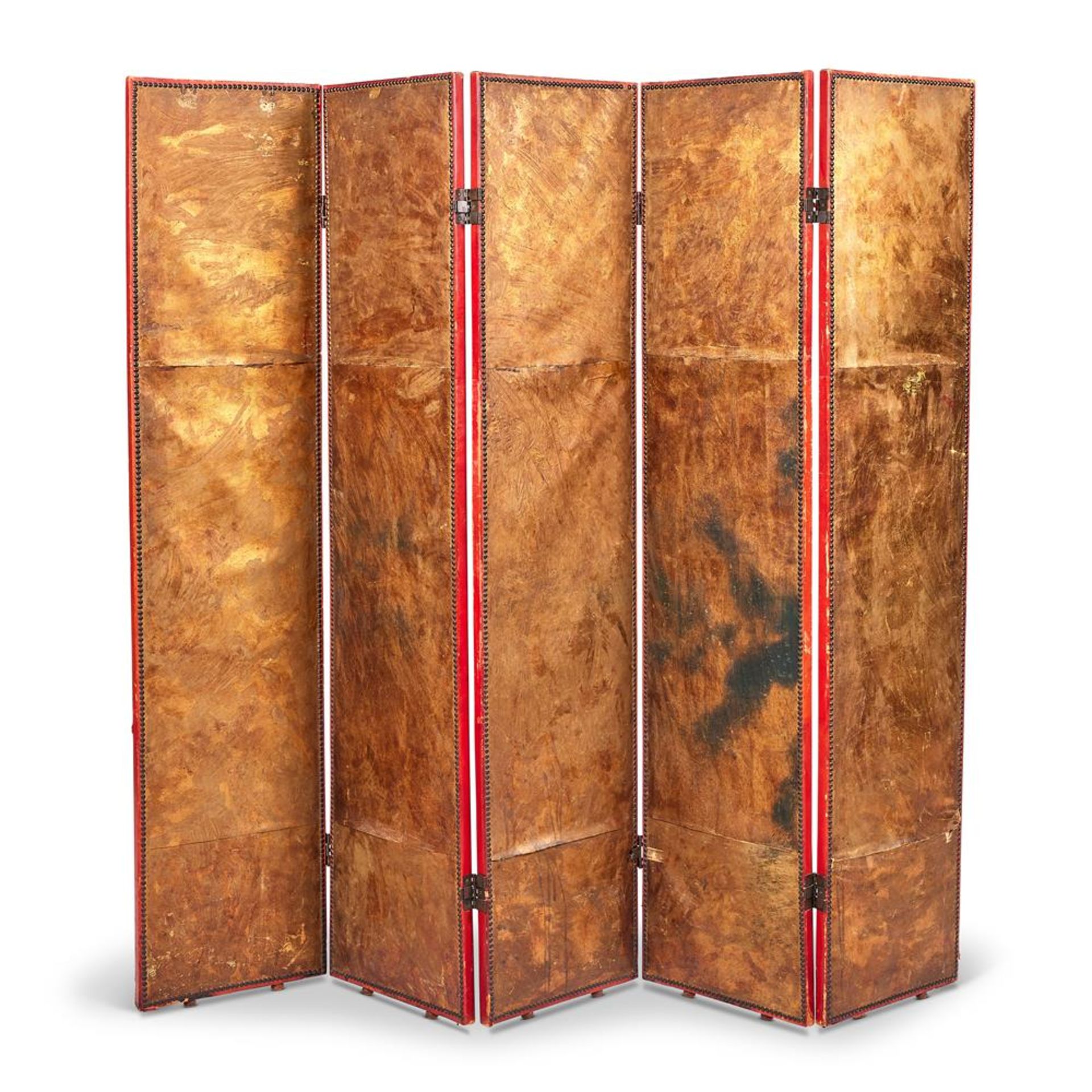 A GILDED LEATHER FIVE FOLD ROOM SCREEN, PROBABLY 19TH CENTURY - Bild 2 aus 2