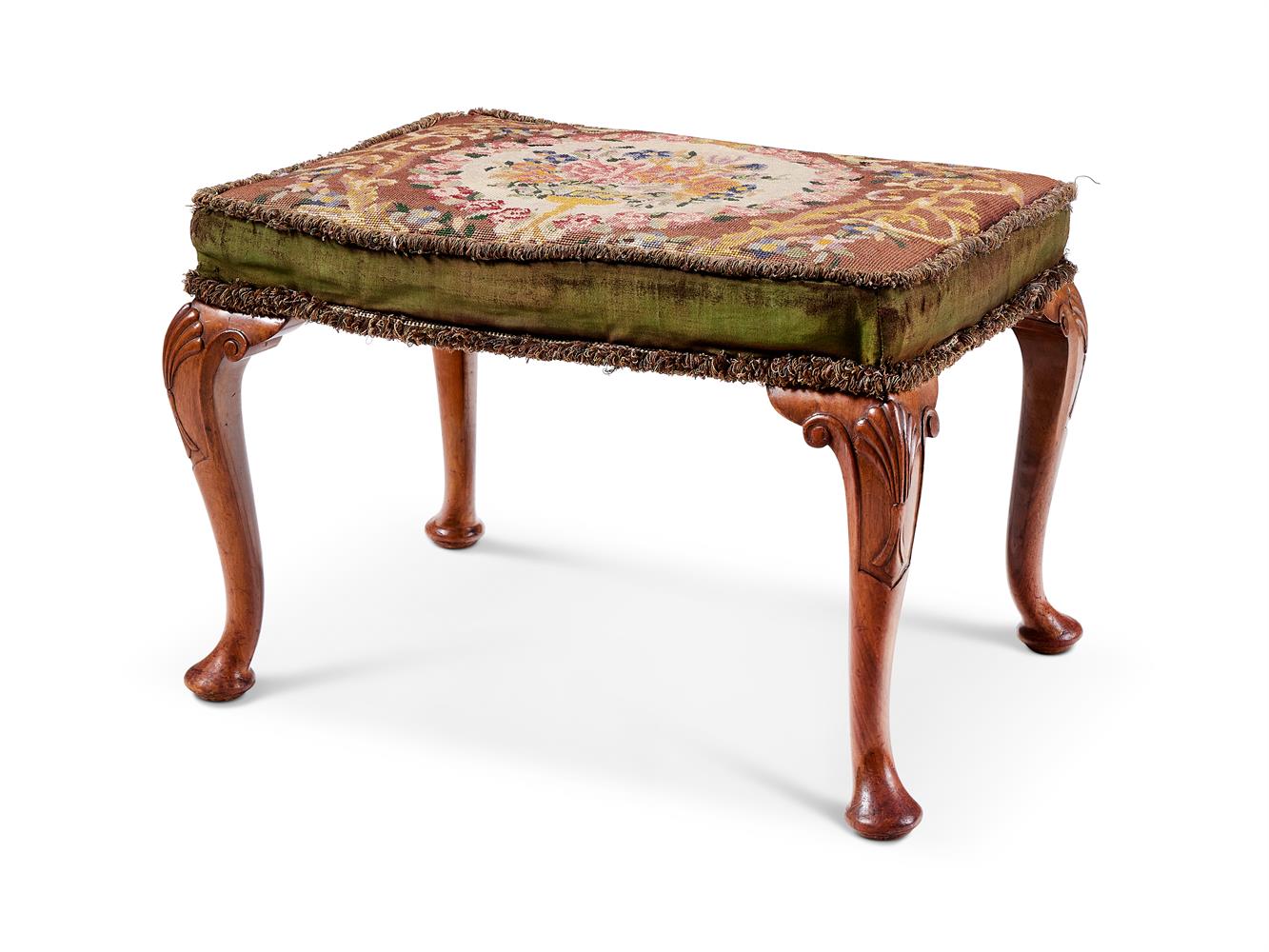A WALNUT AND TAPESTRY UPHOLSTERED STOOL IN THE GEORGE II STYLE, 20TH CENTURY