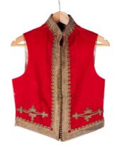 A REGIMENTAL SCARLET WAISTCOAT WITH GILT BROCADE DECORATION, LATE 19TH/EARLY 20TH CENTURY