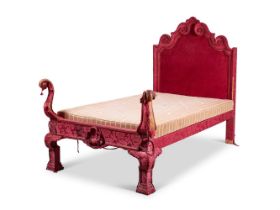 A LARGE RED VELVET UPHOSTERED SINGLE BED IN THE LATE 17TH CENTURY STYLE, EARLY 20TH CENTURY