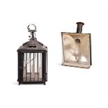 A CONTINENTAL TOLE PEINT AND GLAZED LANTERN WITH HEAT CHIMNEY, 19TH CENTURY