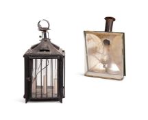A CONTINENTAL TOLE PEINT AND GLAZED LANTERN WITH HEAT CHIMNEY, 19TH CENTURY