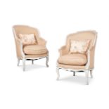 A PAIR OF CREAM UPHOLSTERED BERGERES IN LOUIS XV STYLE, LATE 19TH CENTURY