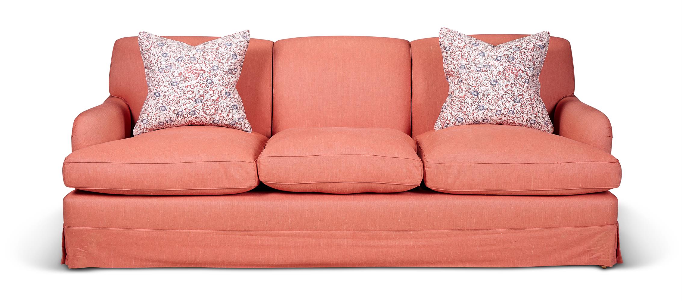 A PINK UPHOLSTERED THREE SEAT SOFA, MODERN