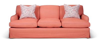 A PINK UPHOLSTERED THREE SEAT SOFA, MODERN