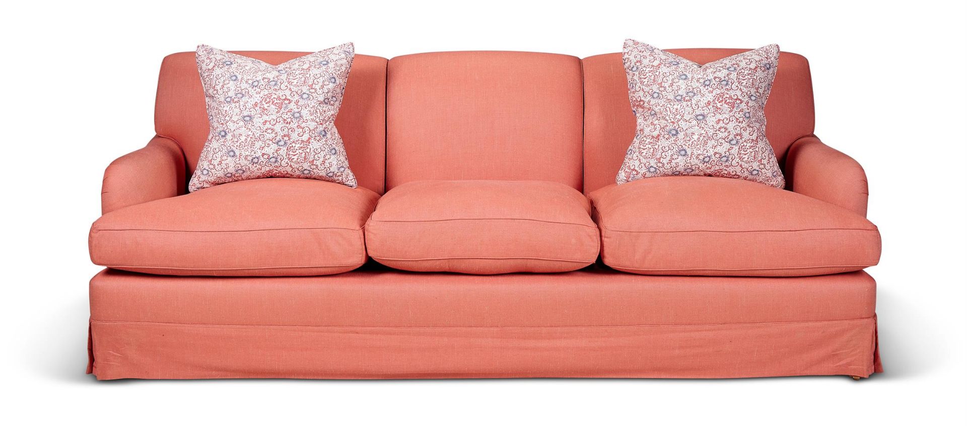 A PINK UPHOLSTERED THREE SEAT SOFA, MODERN