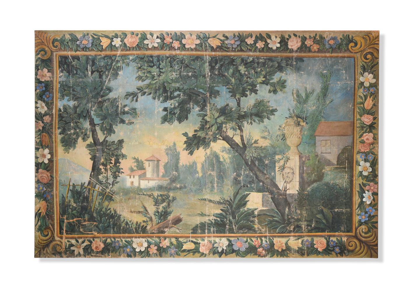 CONTINENTAL SCHOOL (LATE 19TH CENTURY) LANDSCAPE CARTOON WITH PAINTED FLORAL BORDER