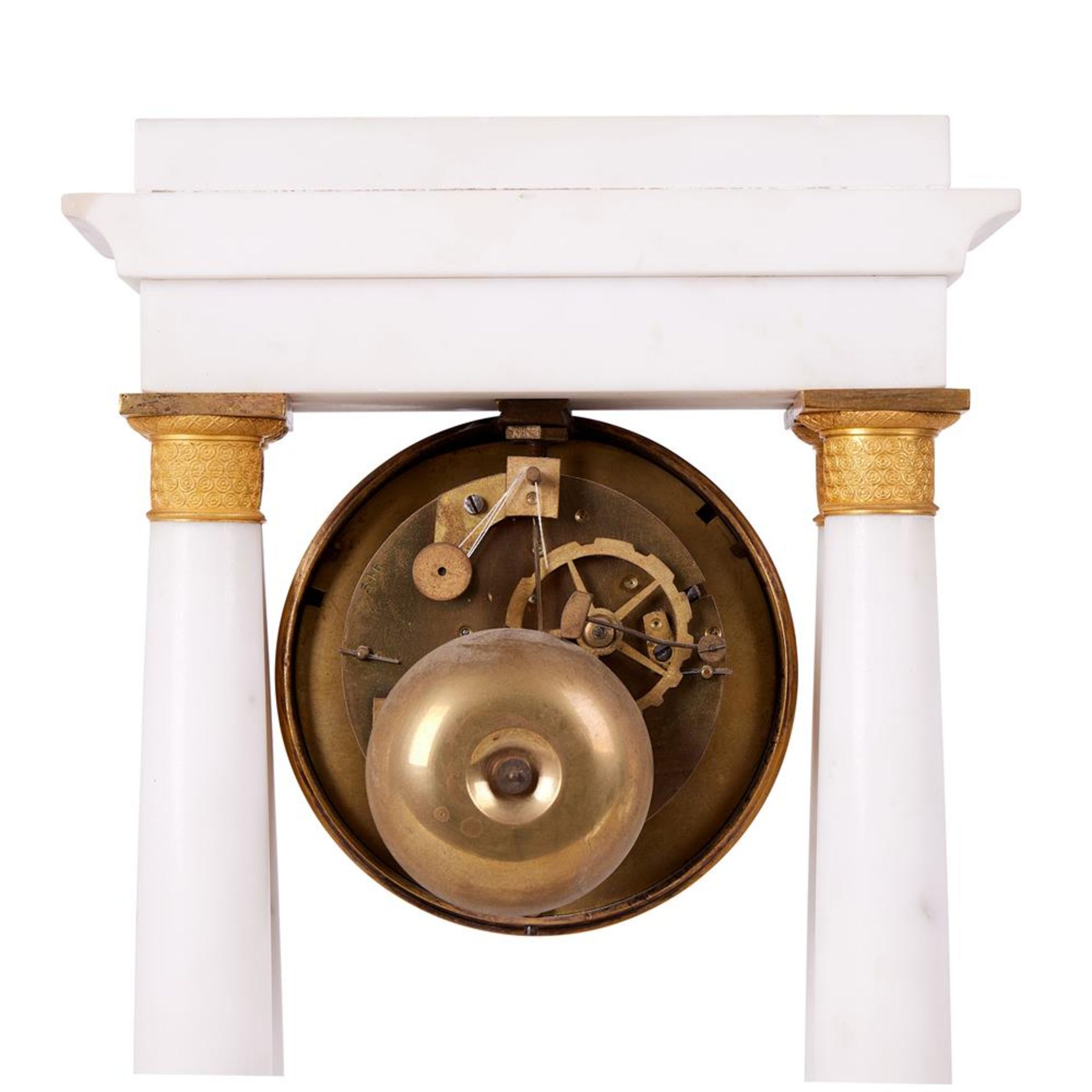 A FRENCH WHITE MARBLE AND GILT METAL MOUNTED PORTICO MANTEL CLOCK, MID 19TH CENTURY - Image 2 of 2