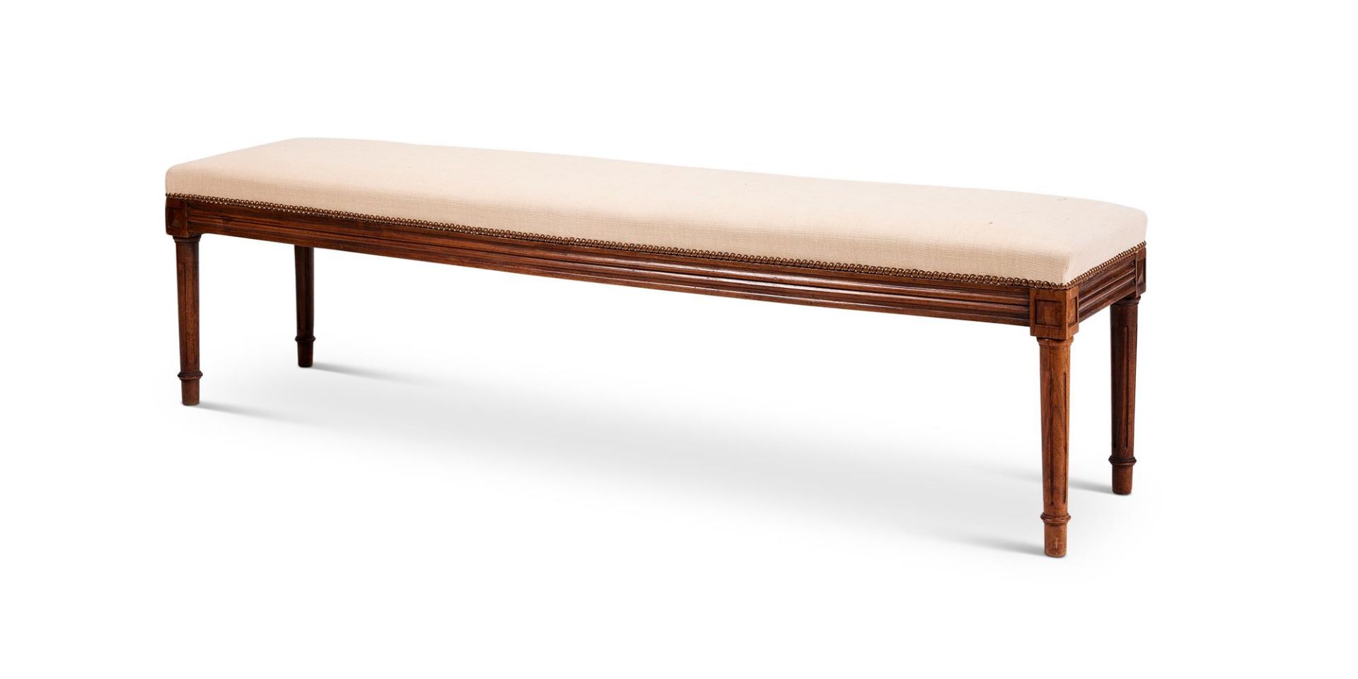 A FRENCH WALNUT AND UPHOLSTERED LONG BENCH, PROBABLY 19TH CENTURY