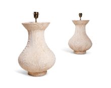 A PAIR OF MOULDED COMPOSITION STONE BALUSTER LAMP BASES, MODERN
