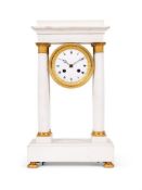 A FRENCH WHITE MARBLE AND GILT METAL MOUNTED PORTICO MANTEL CLOCK, MID 19TH CENTURY