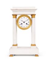 A FRENCH WHITE MARBLE AND GILT METAL MOUNTED PORTICO MANTEL CLOCK, MID 19TH CENTURY