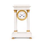 A FRENCH WHITE MARBLE AND GILT METAL MOUNTED PORTICO MANTEL CLOCK, MID 19TH CENTURY