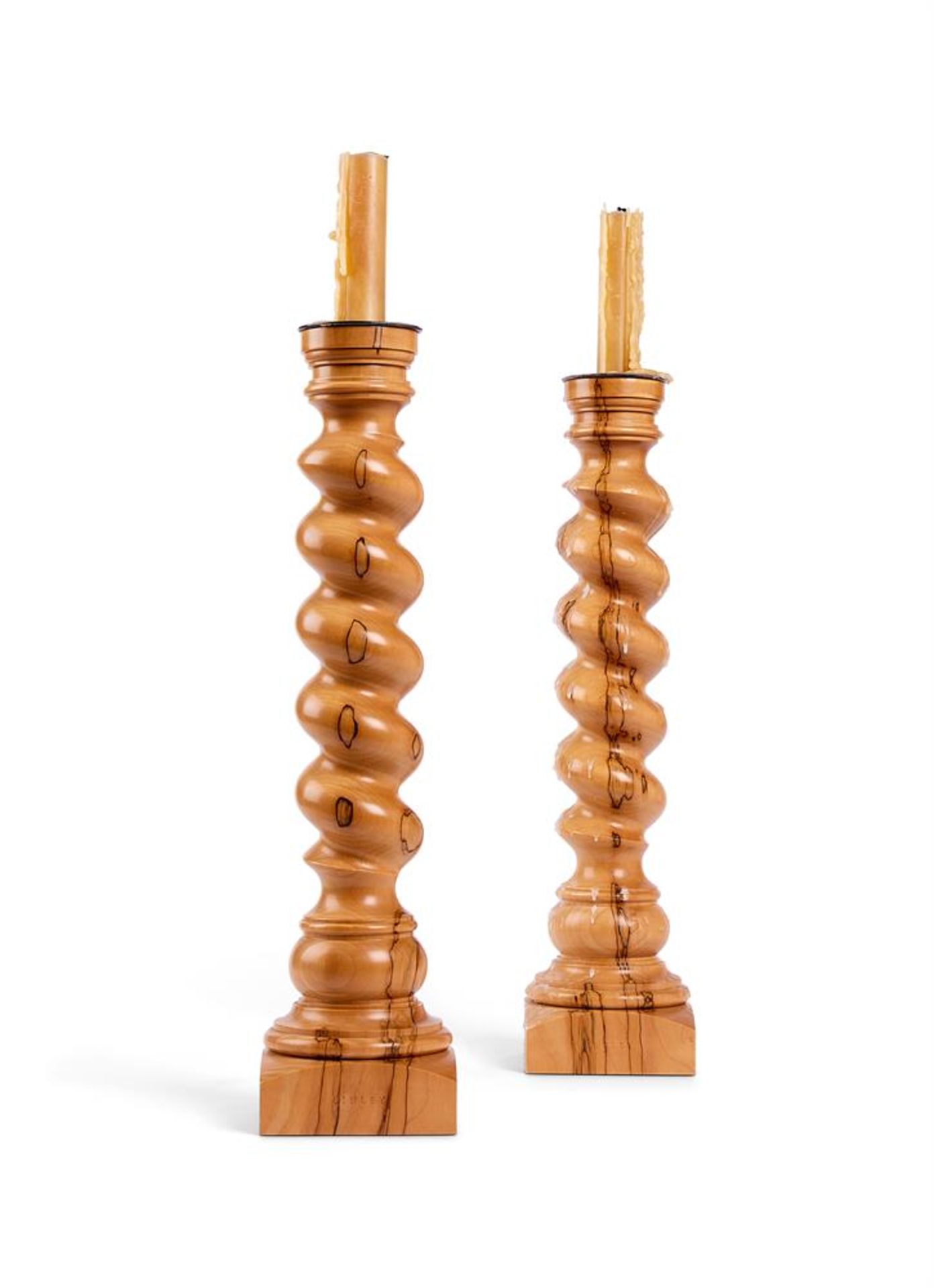 A PAIR OF SPALTED BEECH BARLEY TWIST CANDLESTICKS BY LINLEY