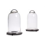 A PAIR OF GLASS AND PATINATED METAL BELL JAR STORM LANTERNS, MODERN