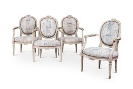 A SET OF FOUR FRENCH PAINTED OPEN ARMCHAIRS IN THE LOUIS XV MANNER, 19TH CENTURY