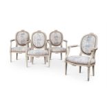 A SET OF FOUR FRENCH PAINTED OPEN ARMCHAIRS IN THE LOUIS XV MANNER, 19TH CENTURY