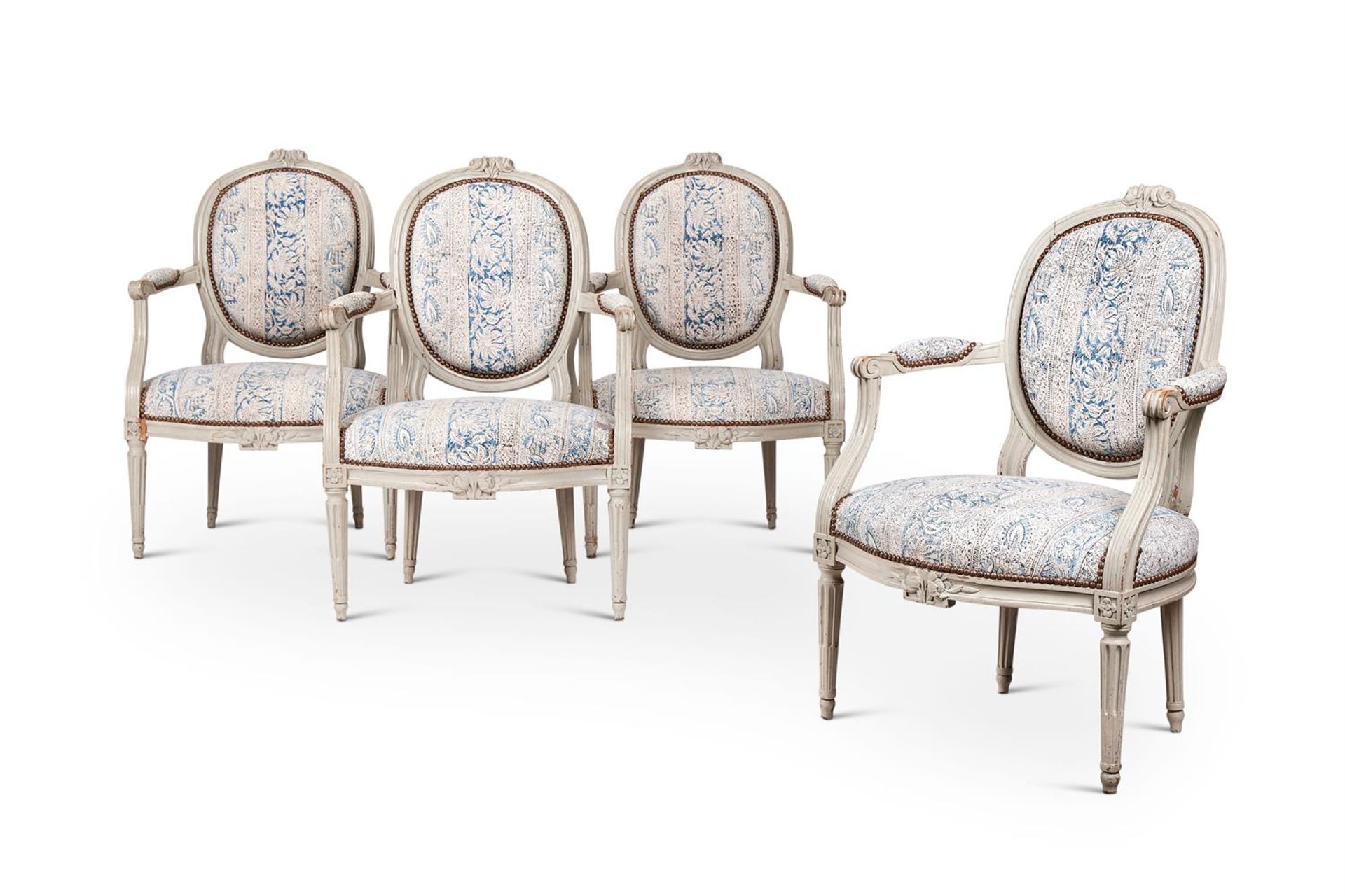 A SET OF FOUR FRENCH PAINTED OPEN ARMCHAIRS IN THE LOUIS XV MANNER, 19TH CENTURY