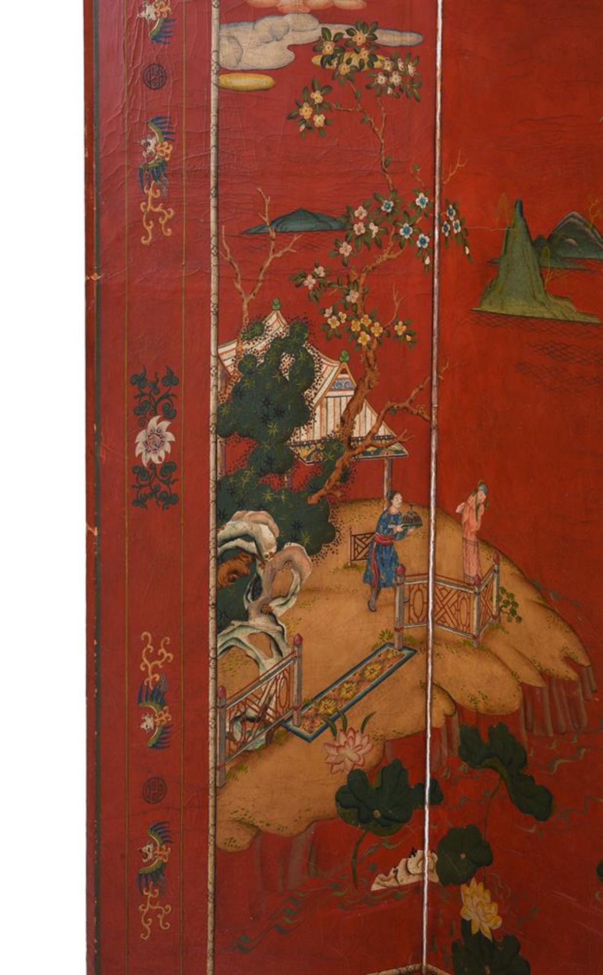 A SCARLET LACQUER AND GILT CHINOISERIE DECORATED FOUR-FOLD ROOM SCREEN - Image 2 of 6