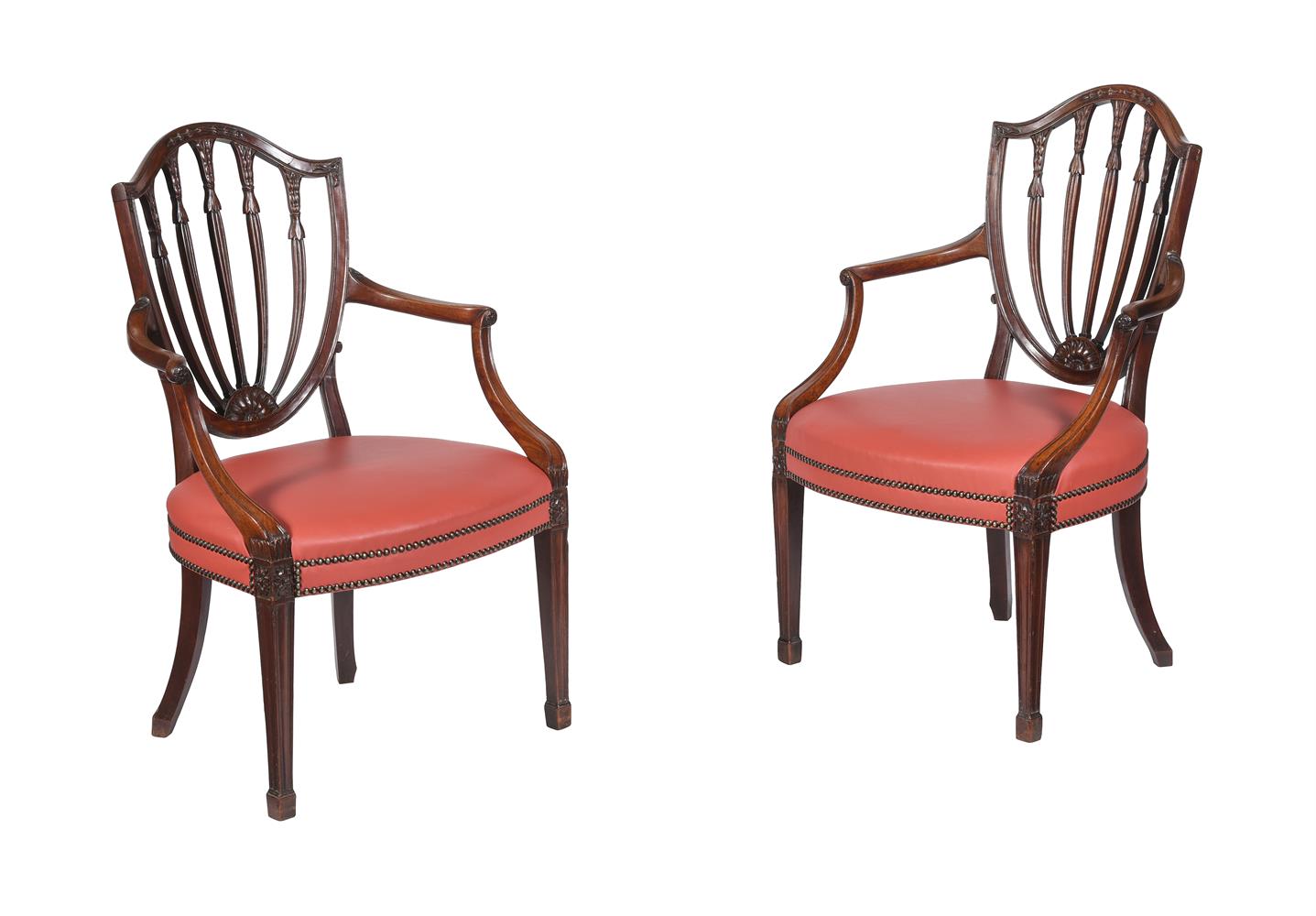 A PAIR OF GEORGE III MAHOGANY AND LEATHERETTE UPHOLSTERED ARMCHAIRS, CIRCA 1800