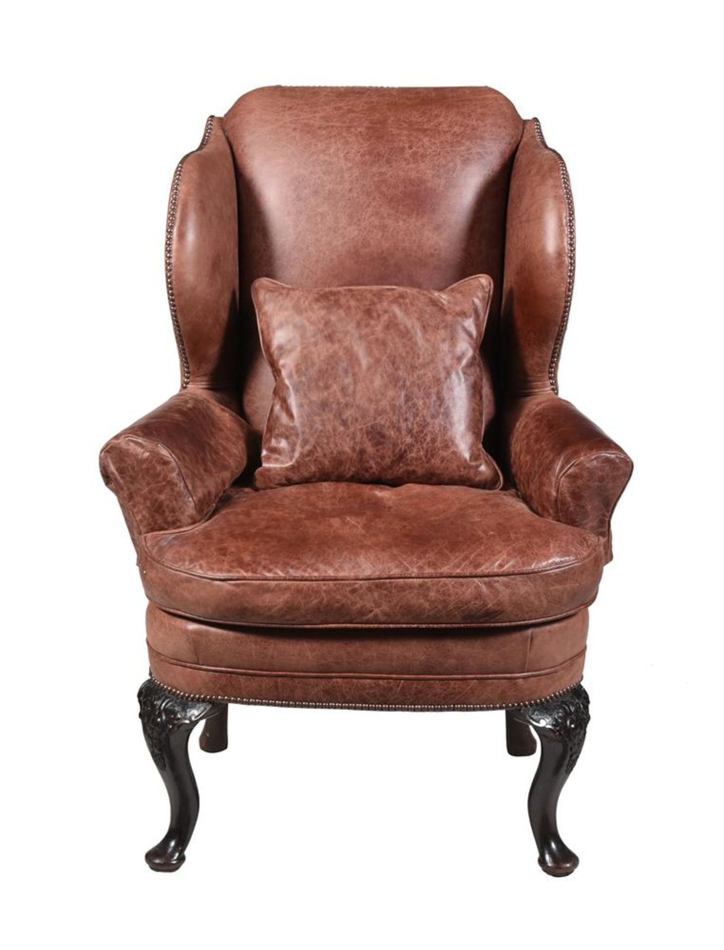 A MAHOGANY AND LEATHER UPHOLSTERED WING ARMCHAIR, SECOND HALF 18TH CENTURY AND LATER