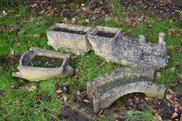 A GROUP OF MODERN STONE COMPOSITION GARDEN ITEMS