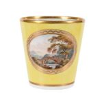 A DERBY PORCELAIN YELLOW GROUND TAPERED BEAKER, CIRCA 1790