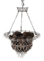 A WHITE PAINTED WIREWORK HANGING BASKET CENTREPIECE IN VICTORIAN STYLE, 20TH CENTURY