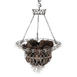 A WHITE PAINTED WIREWORK HANGING BASKET CENTREPIECE IN VICTORIAN STYLE, 20TH CENTURY