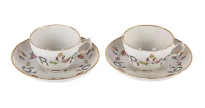 A PAIR OF BRISTOL (RICHARD CHAMPION) HARD-PASTE PORCELAIN TEACUPS AND SAUCERS