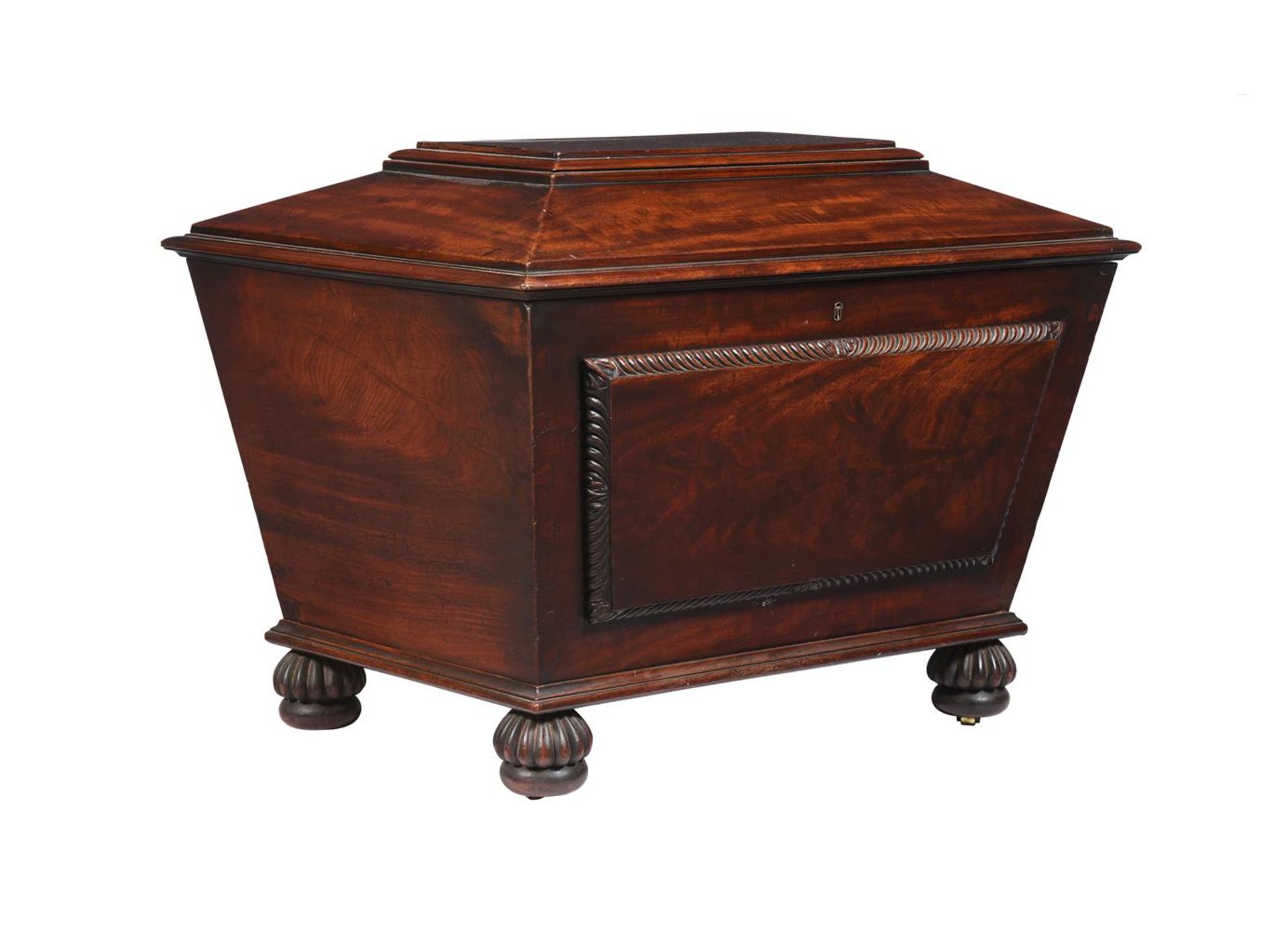 A WILLIAM IV MAHOGANY SARCOPHAGUS CELLARET, CIRCA 1835