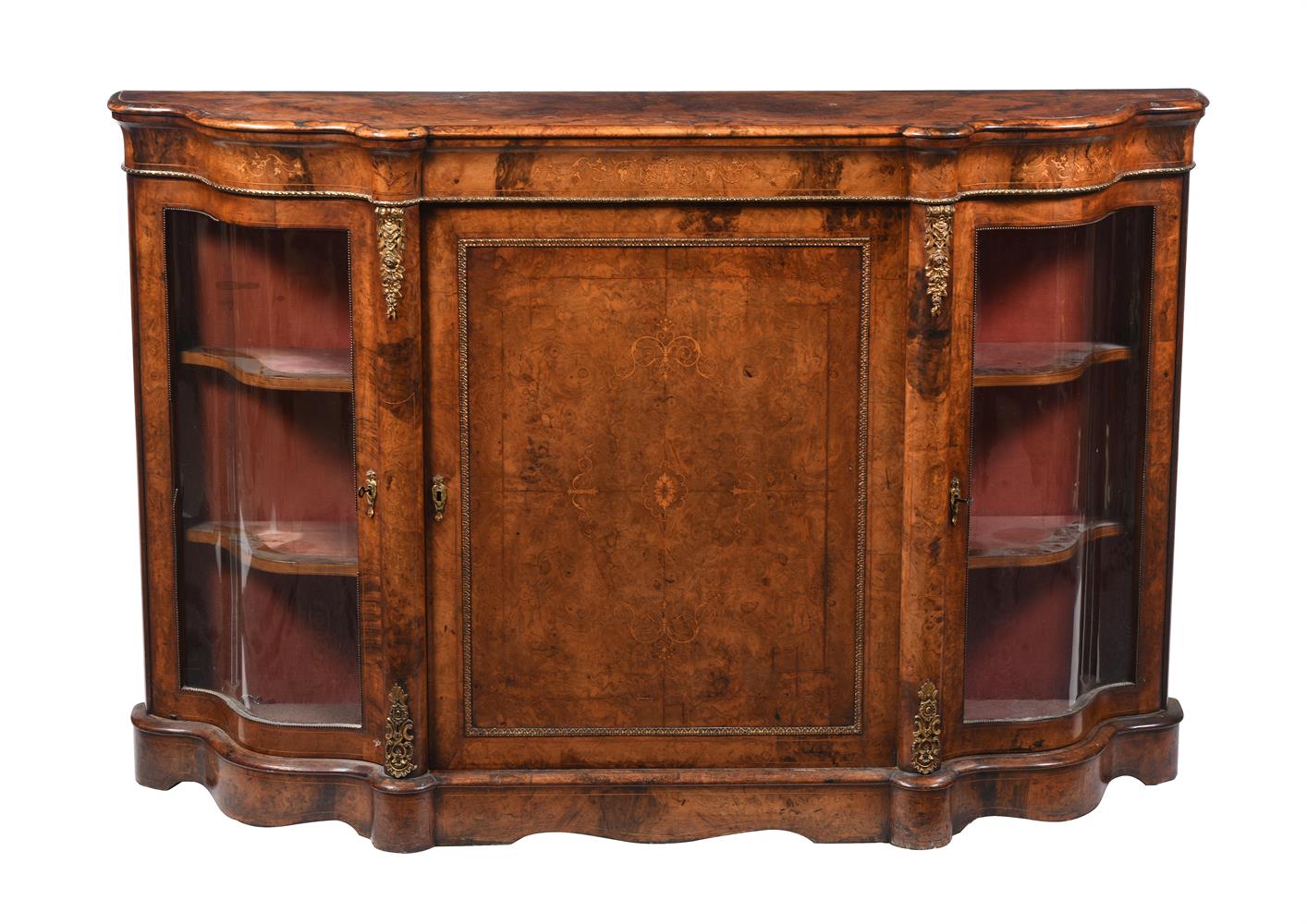 A VICTORIAN GILT BRASS MOUNTED BURR WALNUT CREDENZA, CIRCA 1860