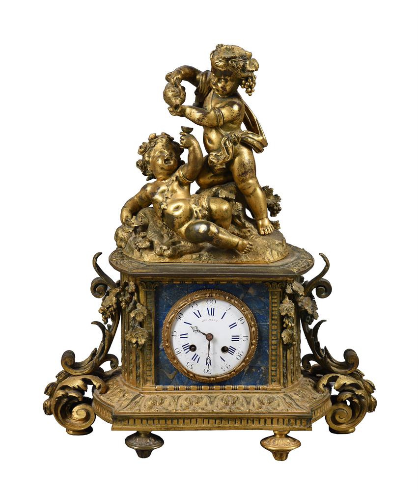 A FRENCH GILT METAL FIGURAL MANTEL CLOCK, LATE 19TH CENTURY