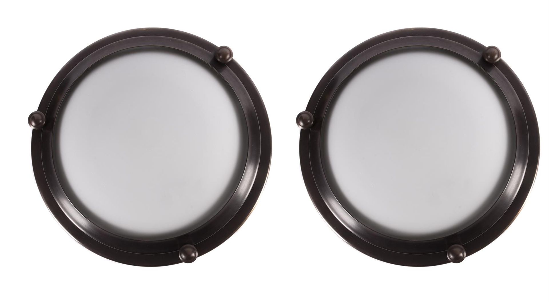 BESSELINK & JONES, A PAIR OF BRONZED METAL CEILING LIGHTS WITH FROSTED GLASS DOME SHADES