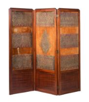 A MAHOGANY AND UPHOLSTERED FOUR-FOLD ROOM SCREEN, IN OTTOMAN TASTE