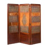 A MAHOGANY AND UPHOLSTERED FOUR-FOLD ROOM SCREEN, IN OTTOMAN TASTE