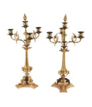 A PAIR OF FRENCH ORMOLU AND PATINATED FIVE LIGHT CANDELABRA, LATE 19TH OR EARLY 20TH CENTURY