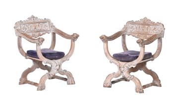 A PAIR OF LIMED WOOD ARMCHAIRS OF SAVRONOLA FORM, EARLY 20TH CENTURY