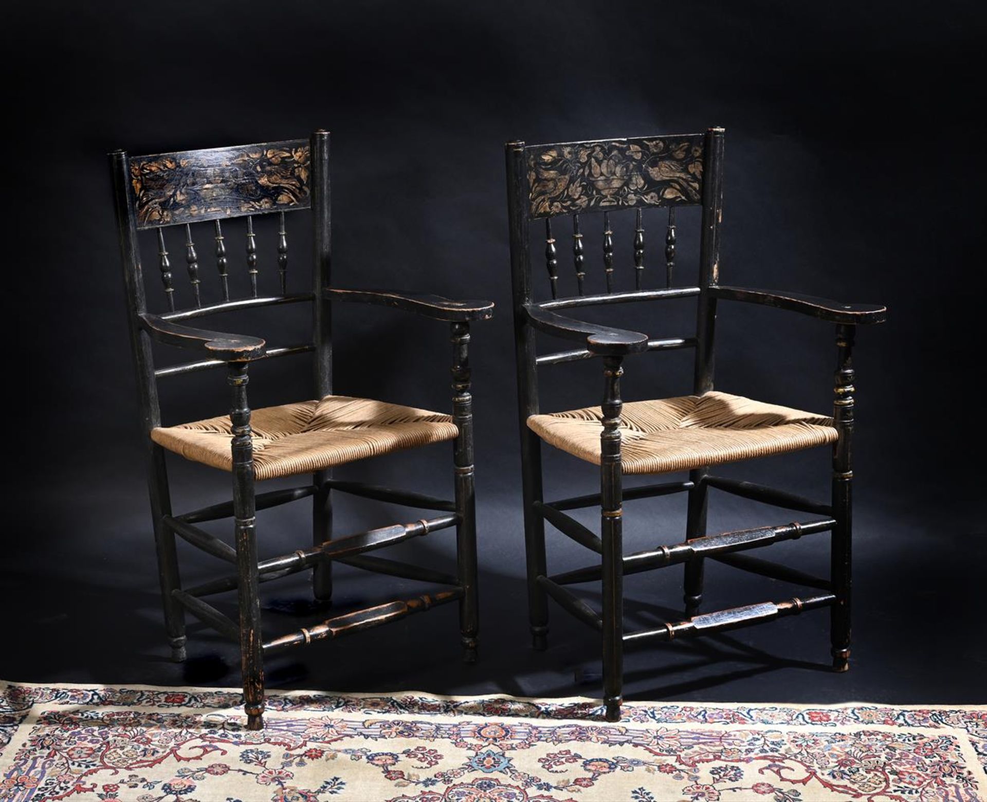 A PAIR OF AMERICAN EBONISED AND PARCEL GILT ARMCHAIRS, CIRCA 1880 - Bild 2 aus 4