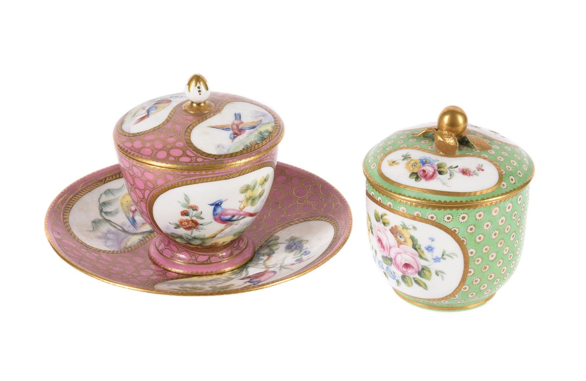A SEVRES-STYLE GREEN AND OEIL DE PERDRIX GROUND SUCRIER AND COVER AND A SEVRES STYLE PINK AND CAILLO