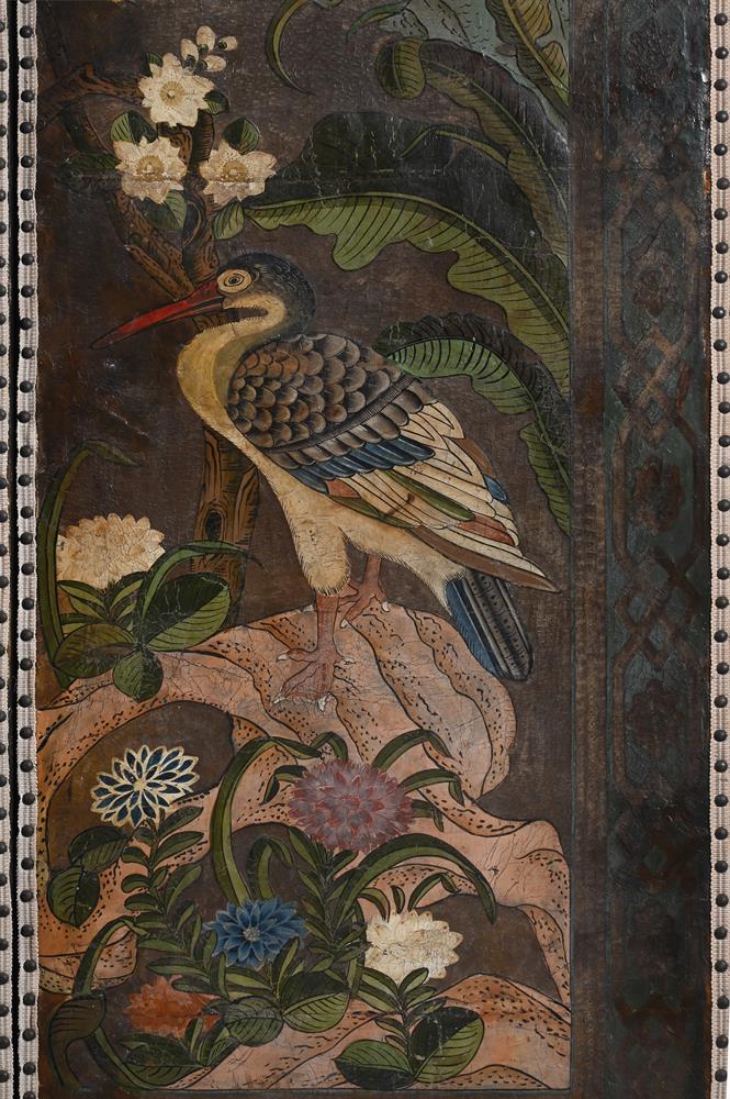 A LEATHER AND POLYCHROME PAINTED FOUR-FOLD SCREEN - Image 2 of 8