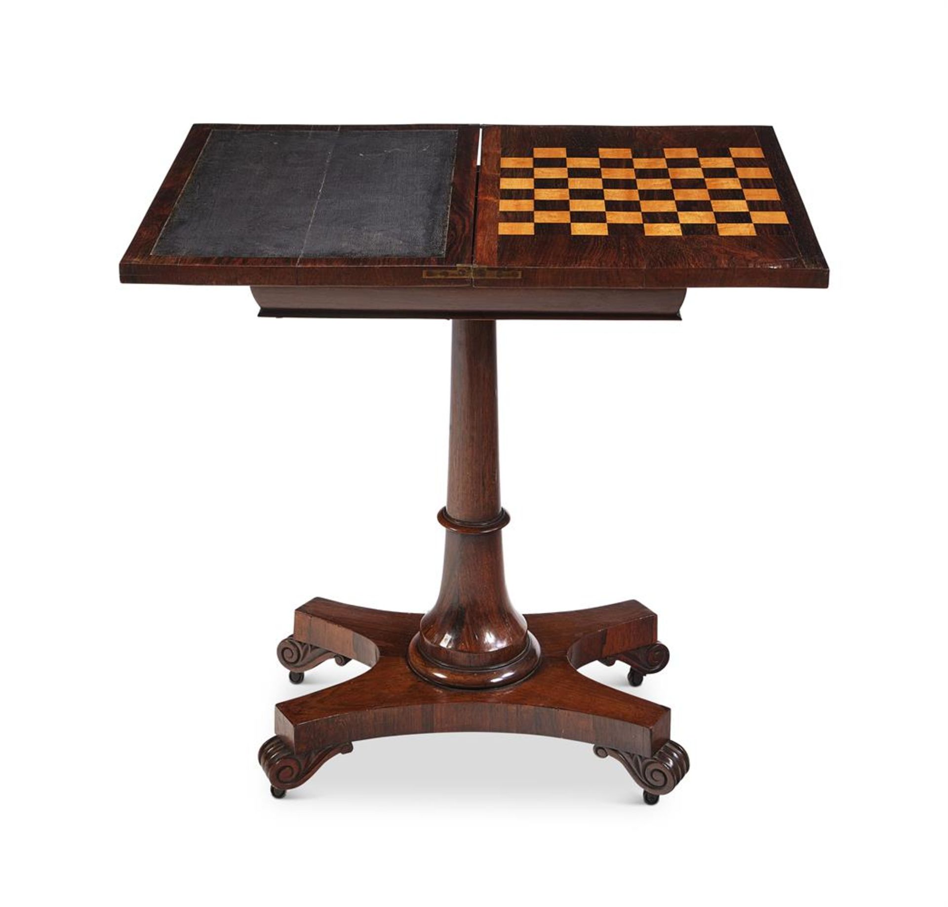 Y A GEORGE IV ROSEWOOD PEDESTAL GAMES TABLE CIRCA 1830